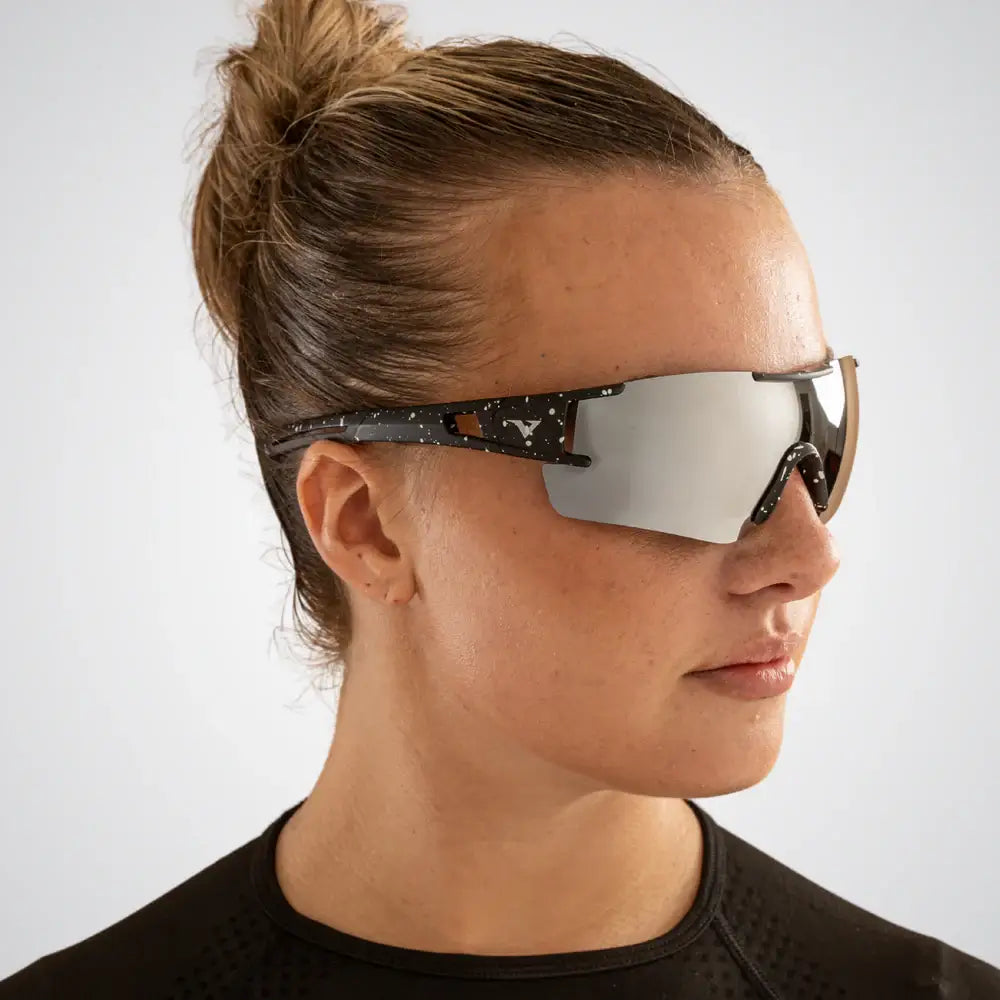 Side view of Velocity Apex performance running sunglasses with black frame