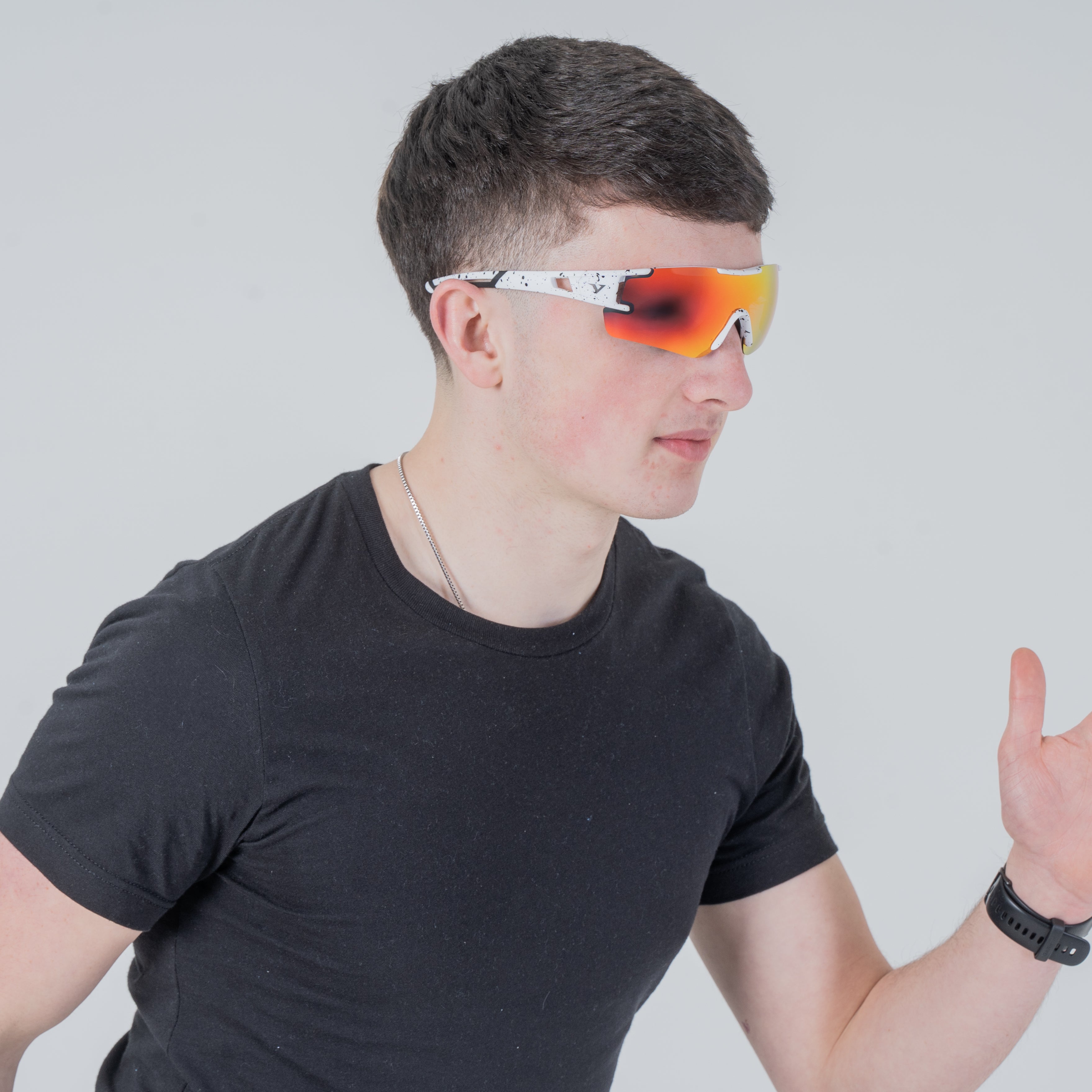 Model in running motion wearing velocity running sunglasses