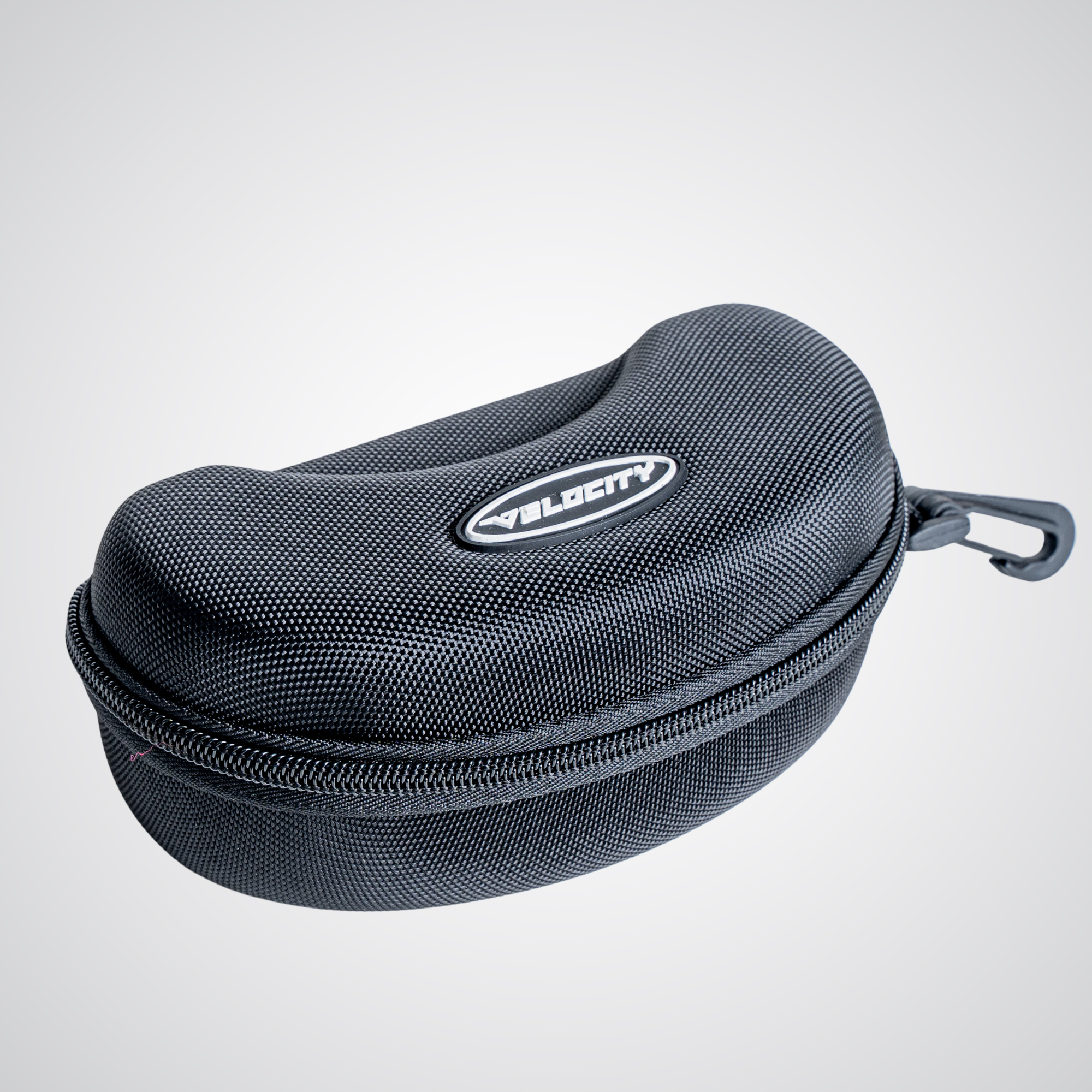 Performance running sunglasses hard case sat on a blank white surface